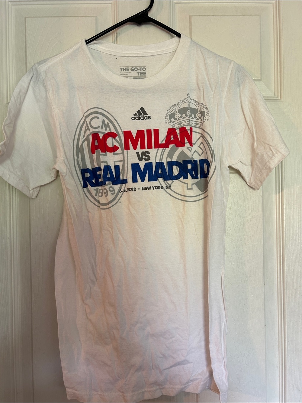 Vintage adidas White Tee with Red and Blue AC Milan vs Real Madrid 2012 Graphic